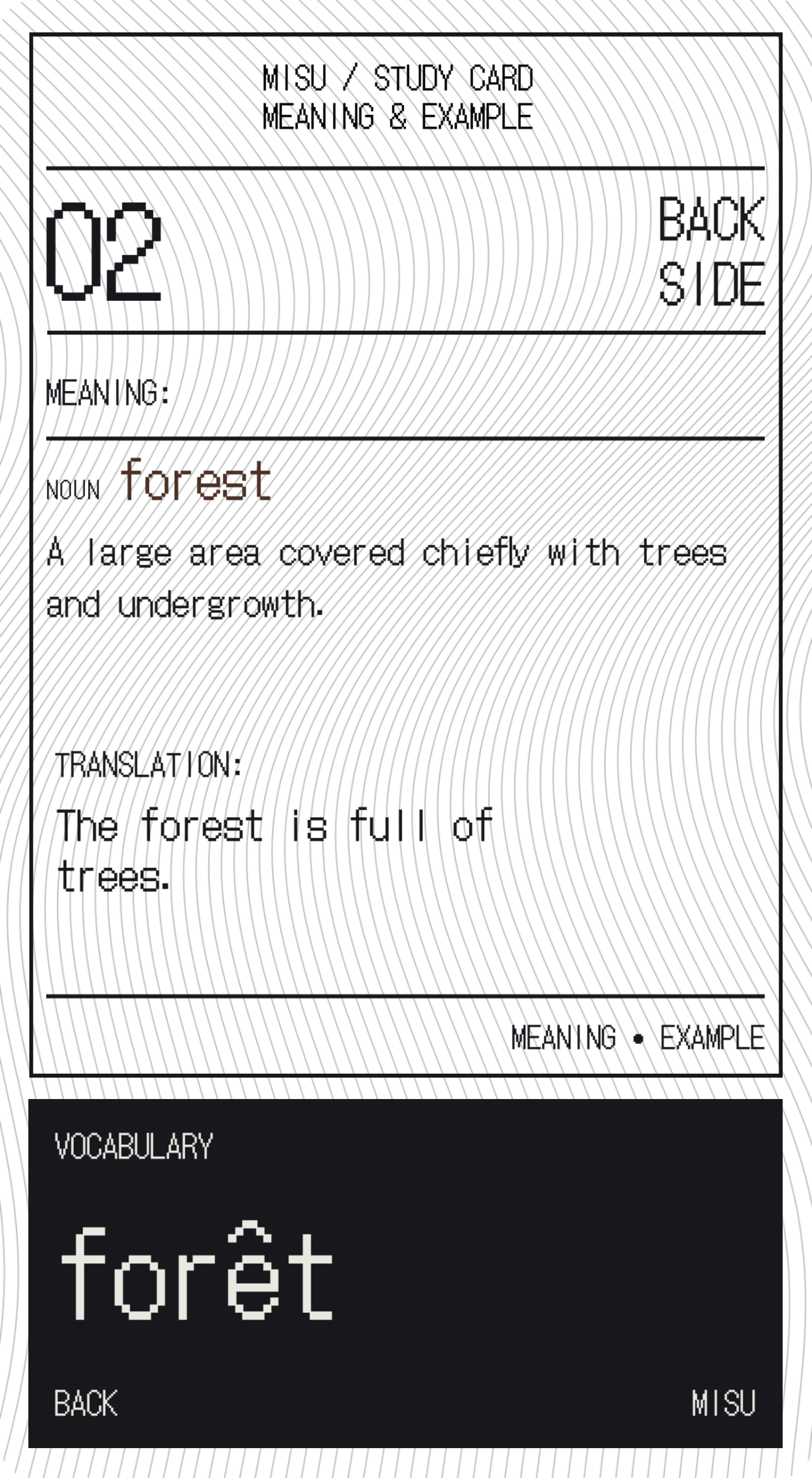 Back of the Misu Waves card. Forêt means forest: a large area covered chiefly with trees and undergrowth. Example translation: The forest is full of trees.
