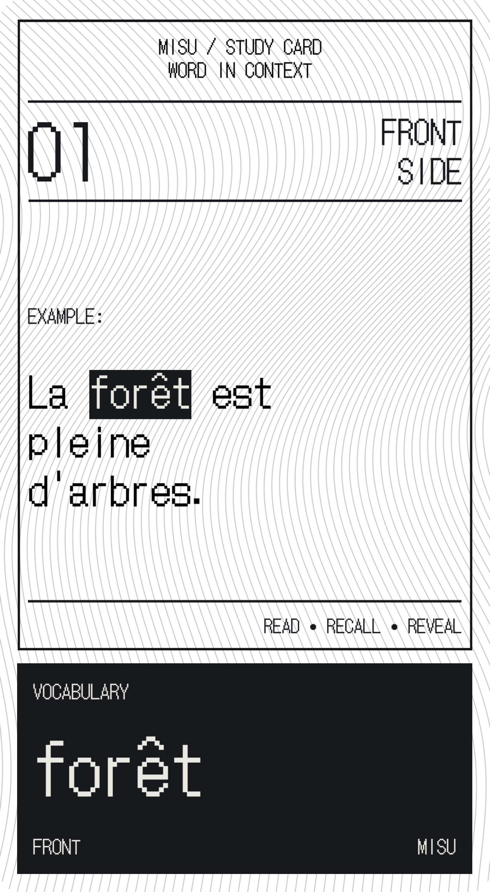 Front of the Misu Waves card, with a flowing line pattern and pixel lettering. French vocabulary: forêt. Example: La forêt est pleine d’arbres.