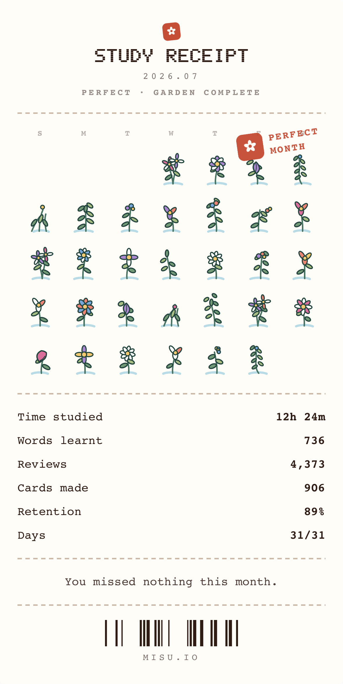 Misu study receipt for July 2026, showing a full flower garden, 736 words learnt, and 31 study days.